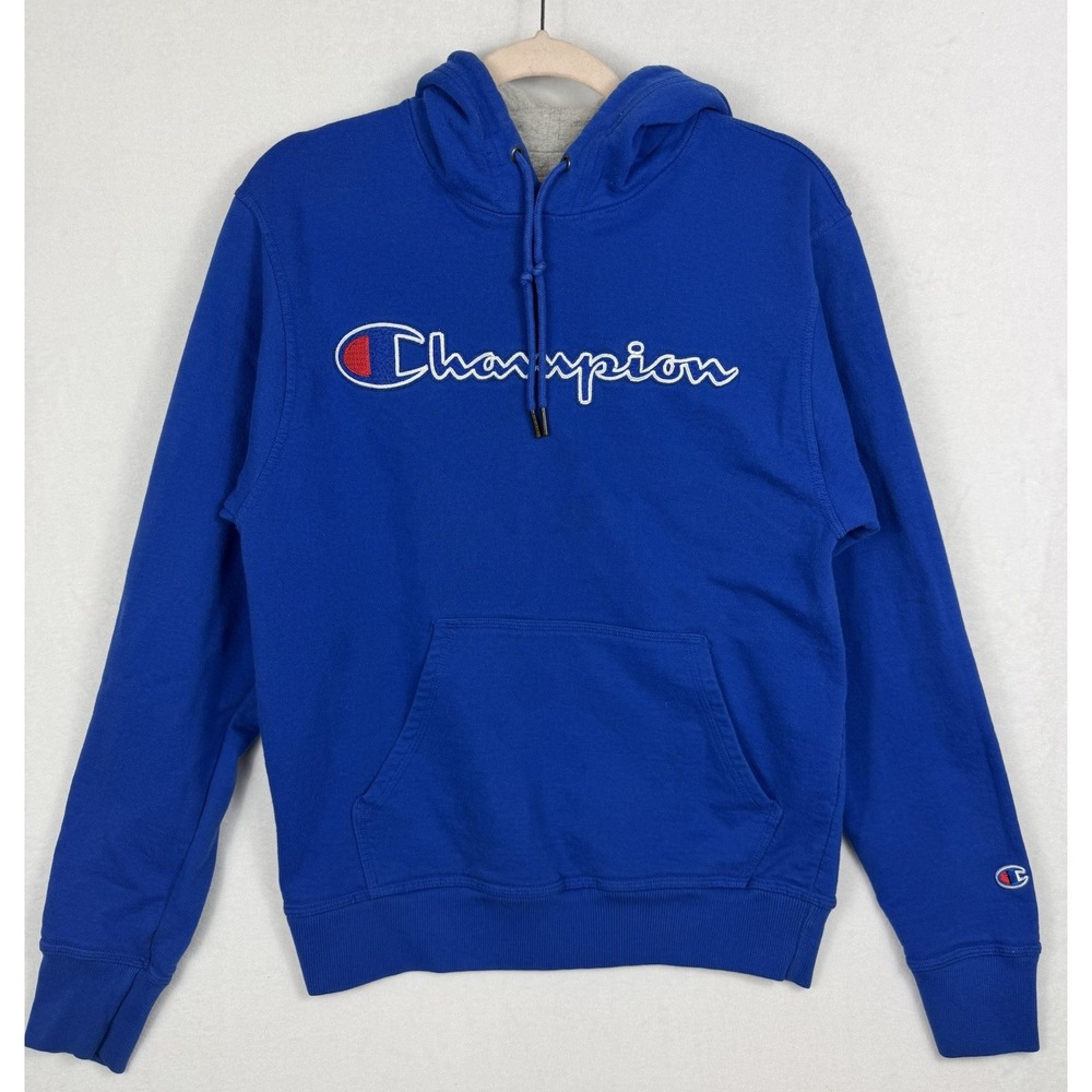 Champion Men's Small Blue Script Logo Pullover Hoodie Sweatshirt